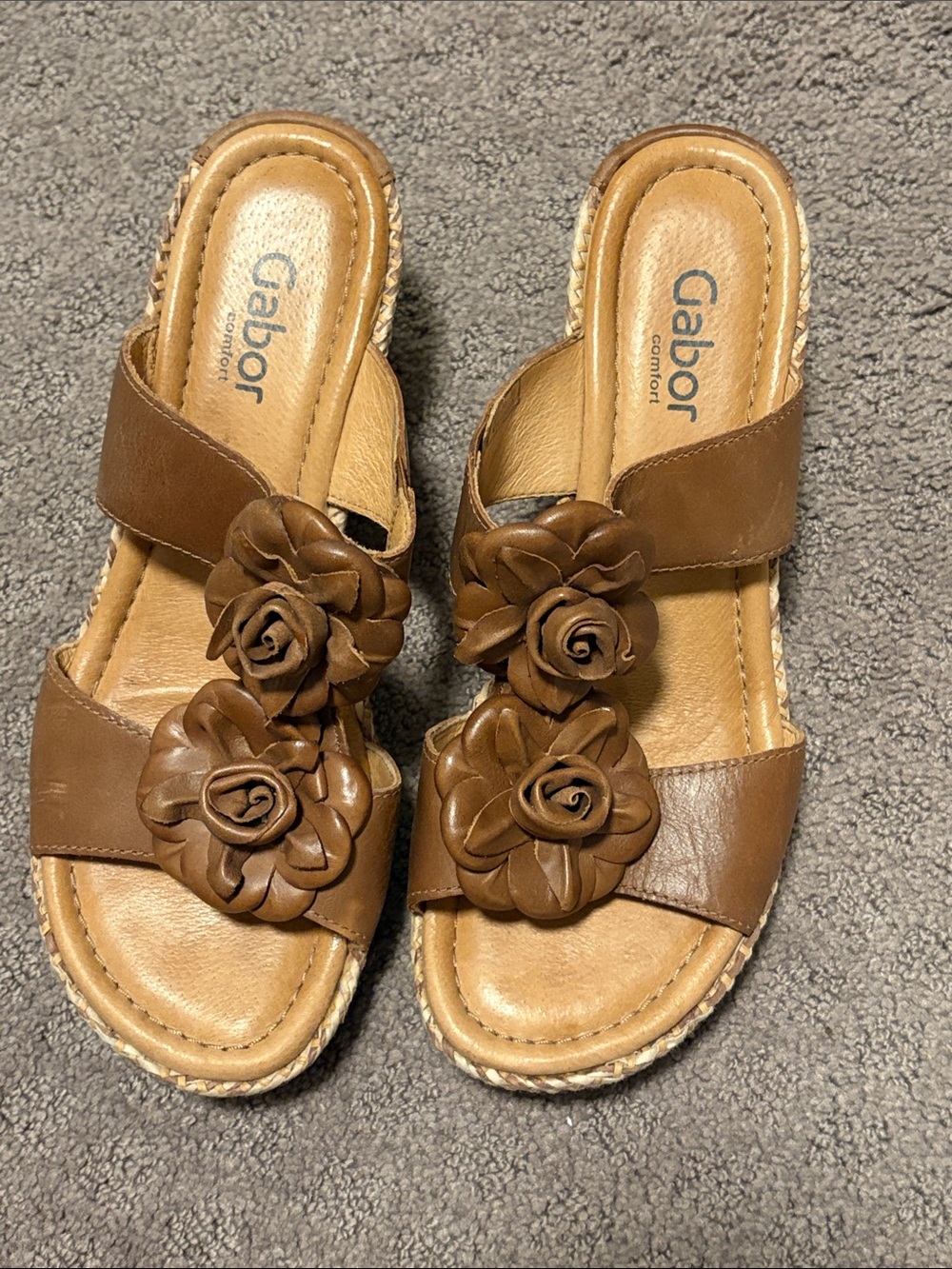 Gabor Brown Leather Floral Slide Mules